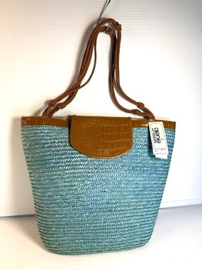 Genie Light Blue Woven Tote with Brown Trim by